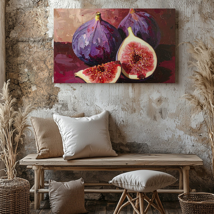 Ripe Fig Cluster Canvas – Bold Oil Painting with Burgundy Textured Background - Gifitto