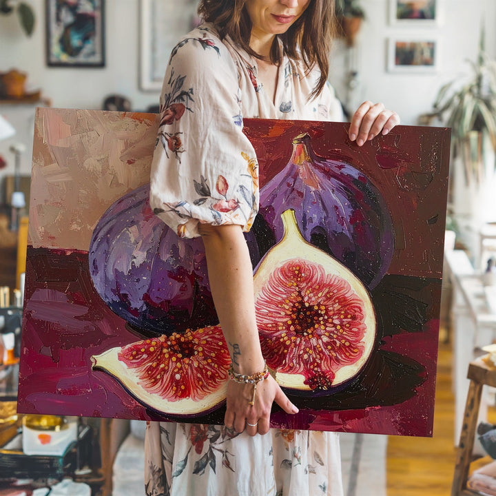 Ripe Fig Cluster Canvas – Bold Oil Painting with Burgundy Textured Background - Gifitto