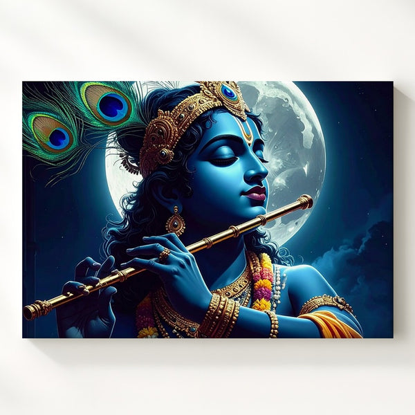 Moonlit Krishna Flute Canvas – Serene Spiritual Indian Art - Gifitto