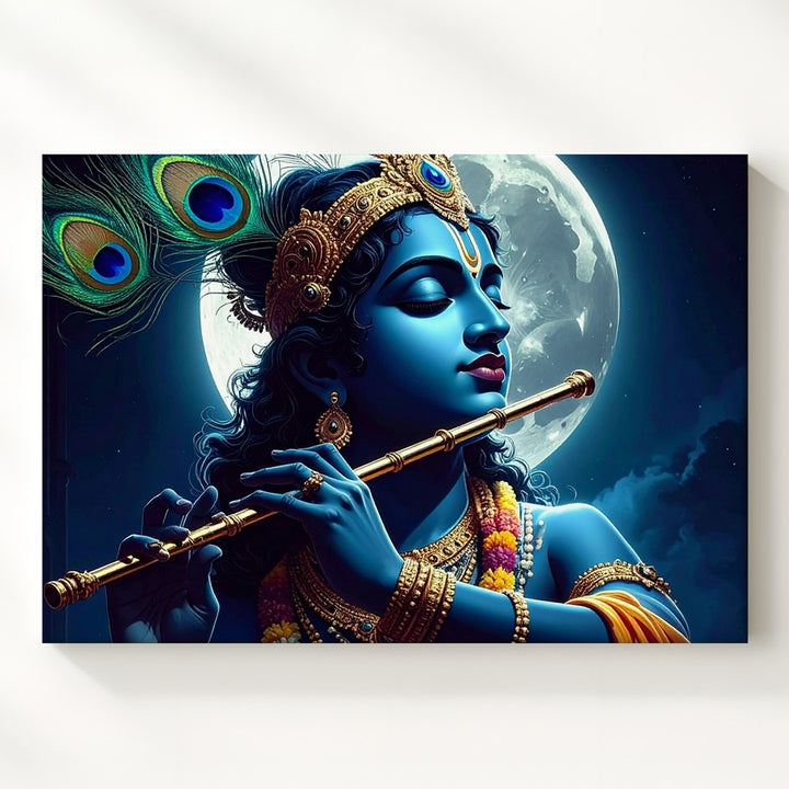 Moonlit Krishna Flute Canvas – Serene Spiritual Indian Art - Gifitto