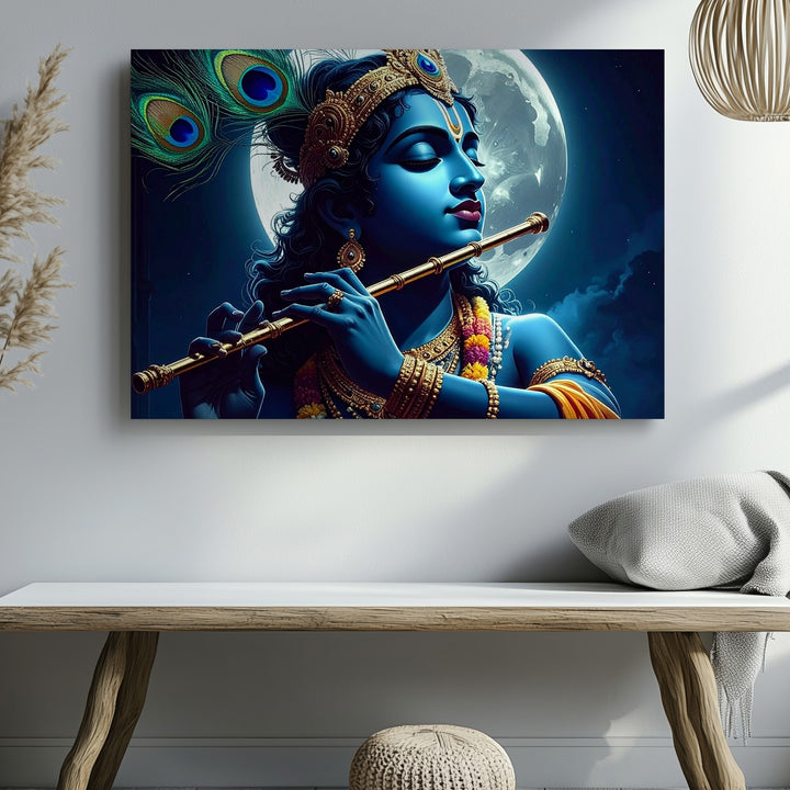 Moonlit Krishna Flute Canvas – Serene Spiritual Indian Art - Gifitto