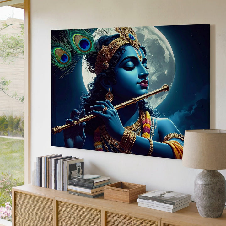 Moonlit Krishna Flute Canvas – Serene Spiritual Indian Art - Gifitto