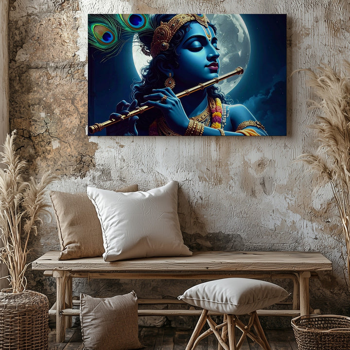 Moonlit Krishna Flute Canvas – Serene Spiritual Indian Art - Gifitto