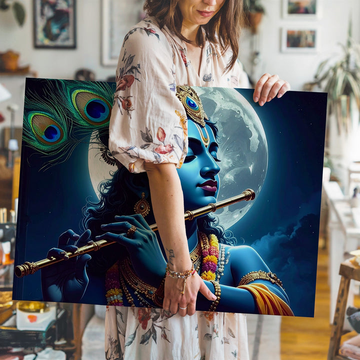 Moonlit Krishna Flute Canvas – Serene Spiritual Indian Art - Gifitto