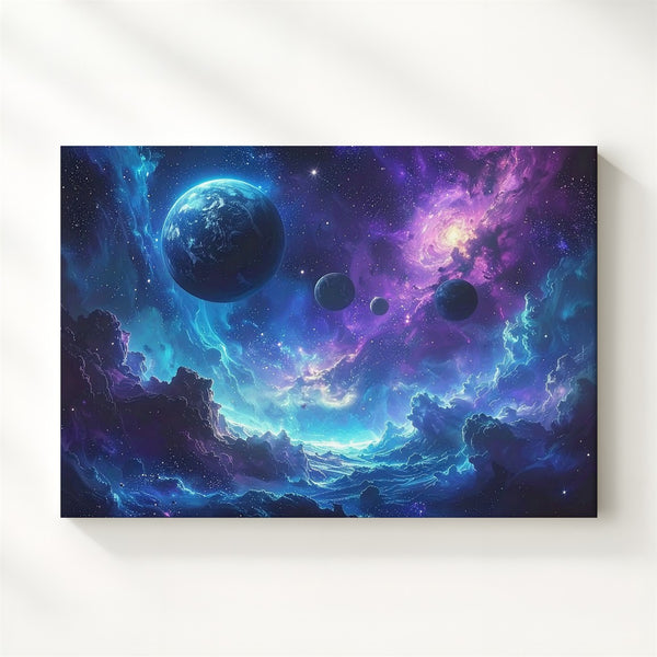 Trio of Worlds Canvas – Blue & Violet Nebula Planet Scene Wall Art - Gifitto
