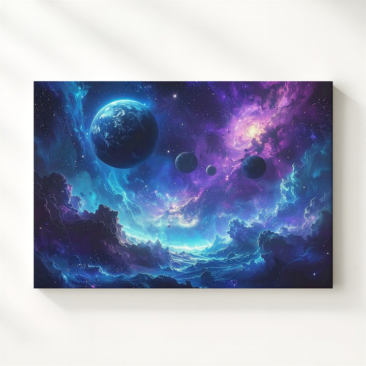 Trio of Worlds Canvas – Blue & Violet Nebula Planet Scene Wall Art - Gifitto