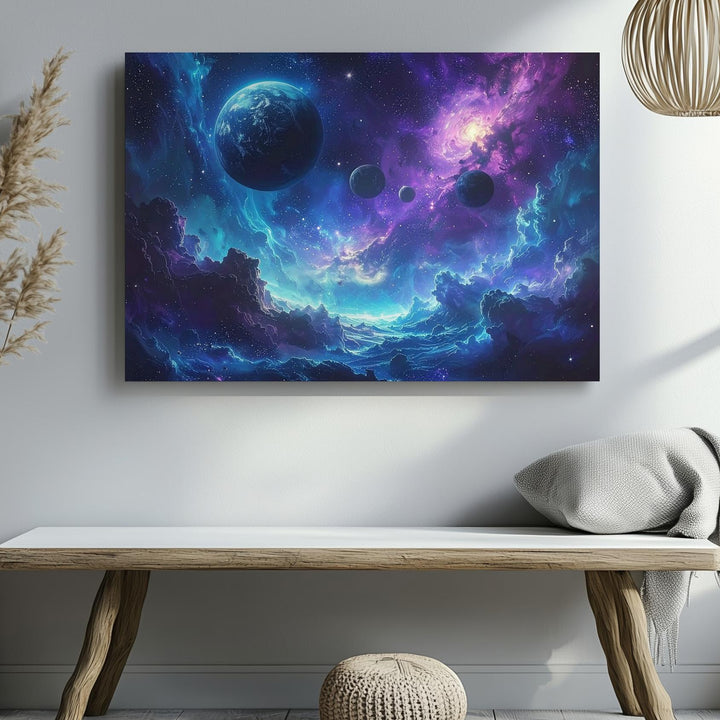 Trio of Worlds Canvas – Blue & Violet Nebula Planet Scene Wall Art - Gifitto