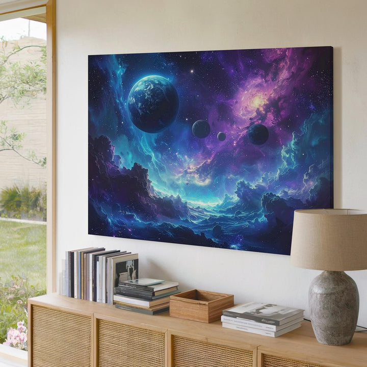Trio of Worlds Canvas – Blue & Violet Nebula Planet Scene Wall Art - Gifitto