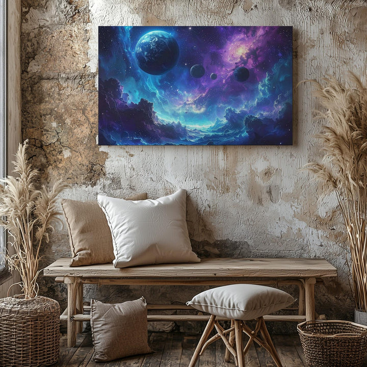 Trio of Worlds Canvas – Blue & Violet Nebula Planet Scene Wall Art - Gifitto