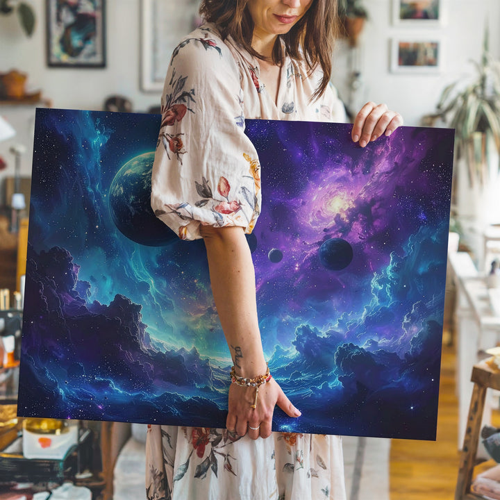 Trio of Worlds Canvas – Blue & Violet Nebula Planet Scene Wall Art - Gifitto
