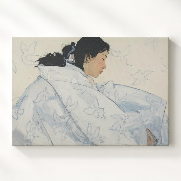 Serene Draped Figure Canvas – Minimalist Bird Motif Abstract Art - Gifitto