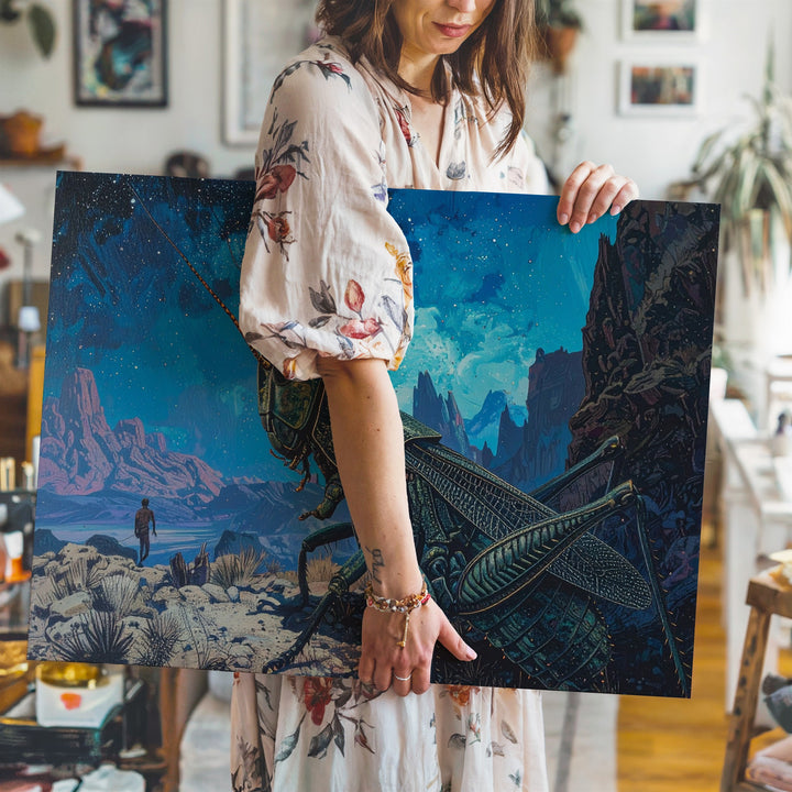 Alien Creature and Explorer Canvas – Surreal Landscape of Awe and Danger - Gifitto