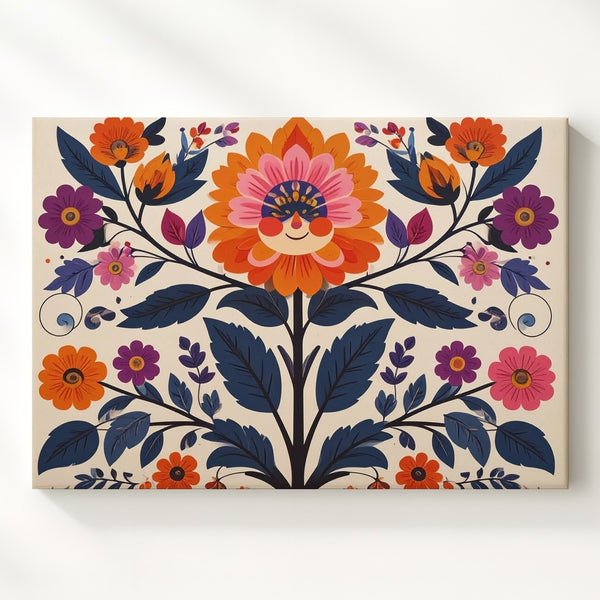 Joyful Folk Flower Canvas – Symmetrical Scandinavian Floral Wall Art - Gifitto