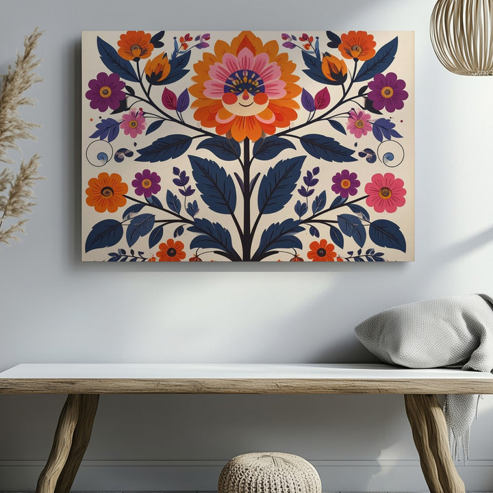 Joyful Folk Flower Canvas – Symmetrical Scandinavian Floral Wall Art - Gifitto