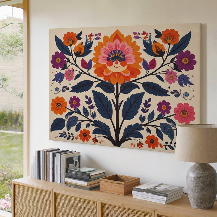 Joyful Folk Flower Canvas – Symmetrical Scandinavian Floral Wall Art - Gifitto