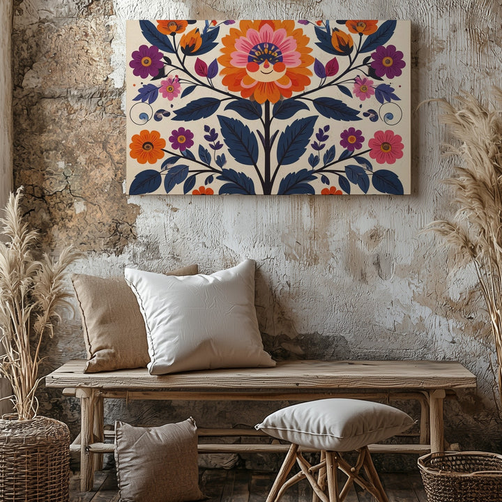 Joyful Folk Flower Canvas – Symmetrical Scandinavian Floral Wall Art - Gifitto