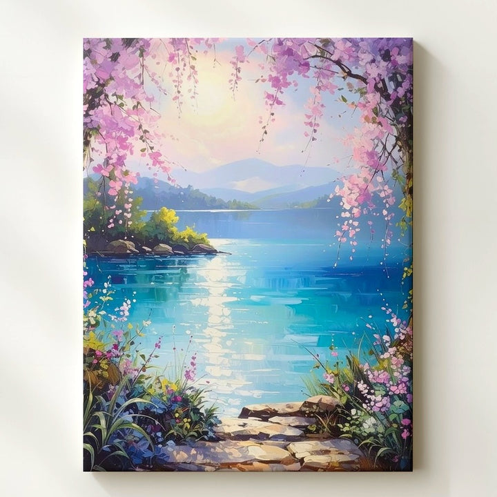 Enchanted Lakeside Canvas – Fantasy Landscape with Pink Blossoms and Shimmering Lake - Gifitto