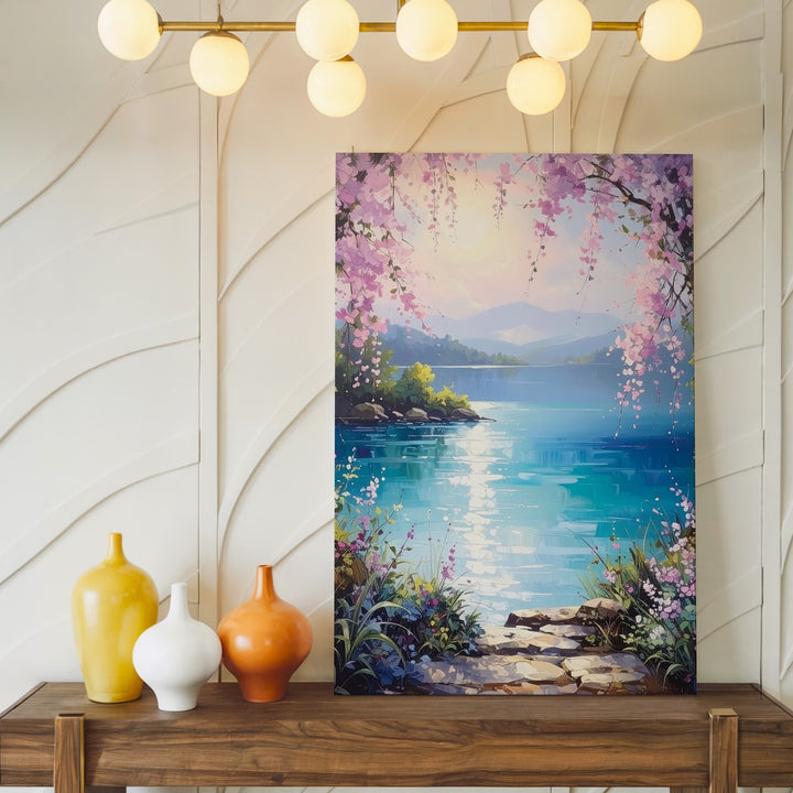 Enchanted Lakeside Canvas – Fantasy Landscape with Pink Blossoms and Shimmering Lake - Gifitto