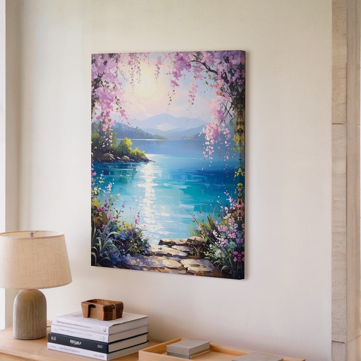 Enchanted Lakeside Canvas – Fantasy Landscape with Pink Blossoms and Shimmering Lake - Gifitto