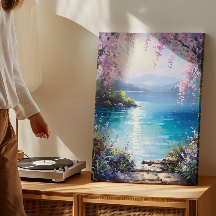 Enchanted Lakeside Canvas – Fantasy Landscape with Pink Blossoms and Shimmering Lake - Gifitto