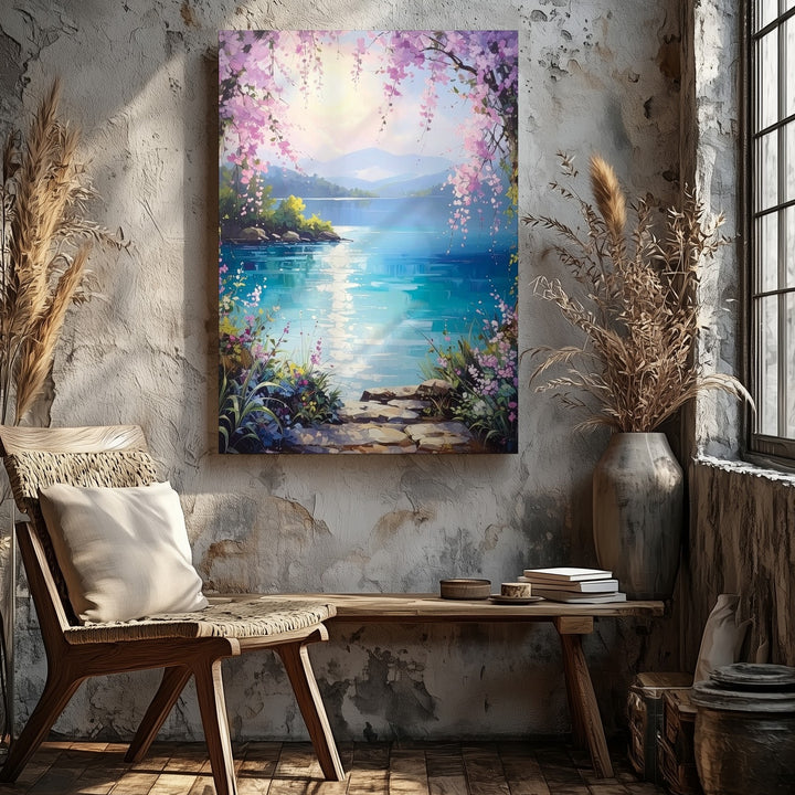 Enchanted Lakeside Canvas – Fantasy Landscape with Pink Blossoms and Shimmering Lake - Gifitto