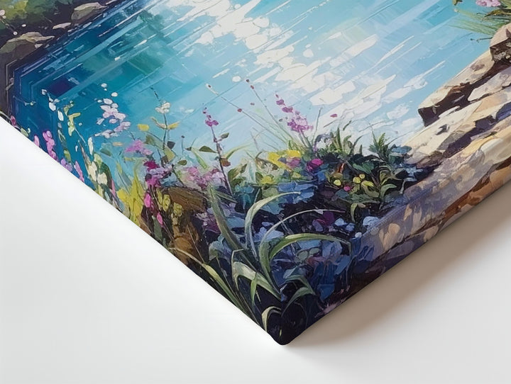 Enchanted Lakeside Canvas – Fantasy Landscape with Pink Blossoms and Shimmering Lake - Gifitto