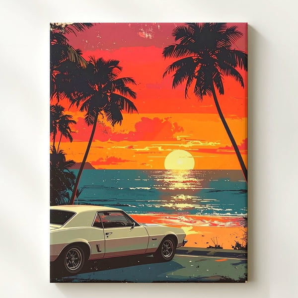 Retro Muscle Car Sunset Canvas – 80s Synthwave Beachside Wall Art - Gifitto