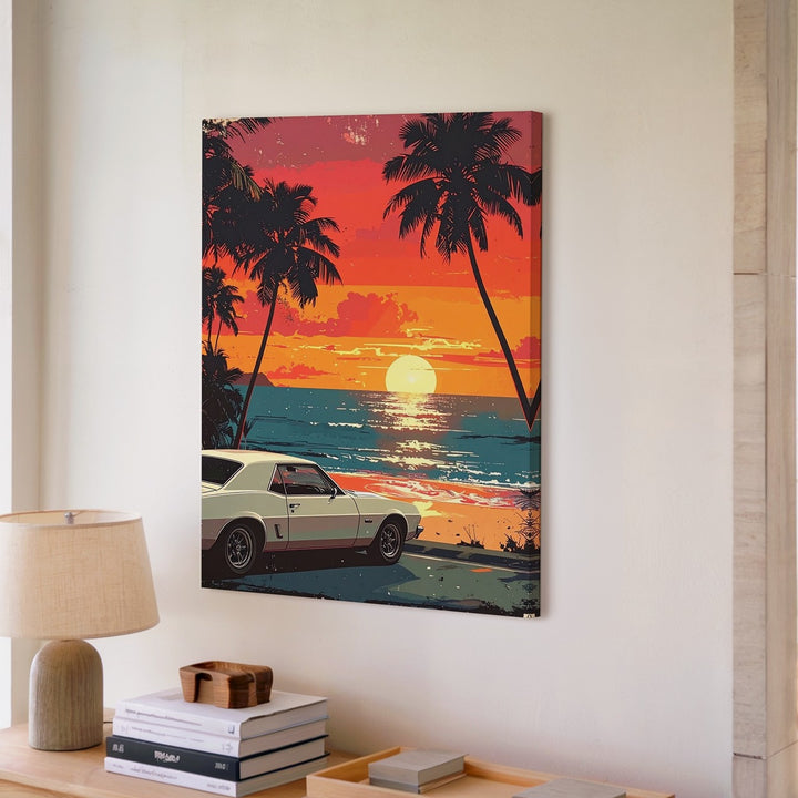Retro Muscle Car Sunset Canvas – 80s Synthwave Beachside Wall Art - Gifitto