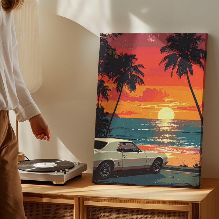 Retro Muscle Car Sunset Canvas – 80s Synthwave Beachside Wall Art - Gifitto