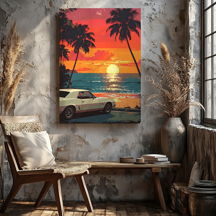 Retro Muscle Car Sunset Canvas – 80s Synthwave Beachside Wall Art - Gifitto