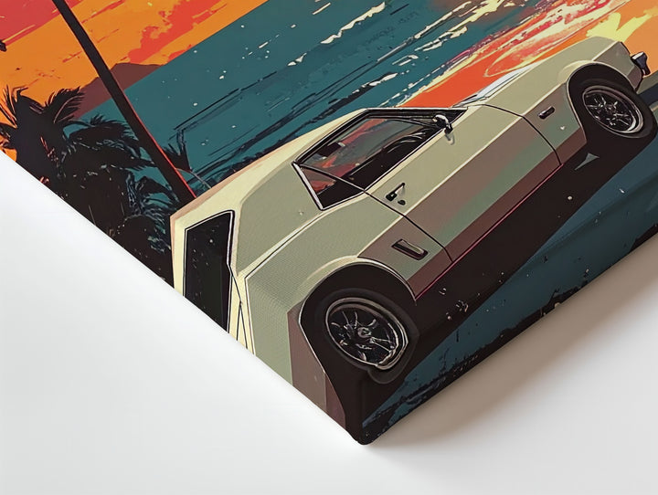 Retro Muscle Car Sunset Canvas – 80s Synthwave Beachside Wall Art - Gifitto