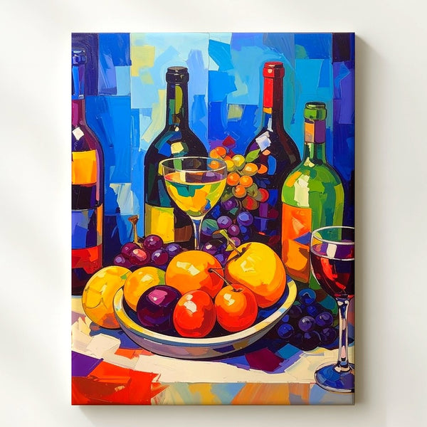 Cubist Fruit & Wine Canvas – Modern Geometric Still Life Wall Art - Gifitto