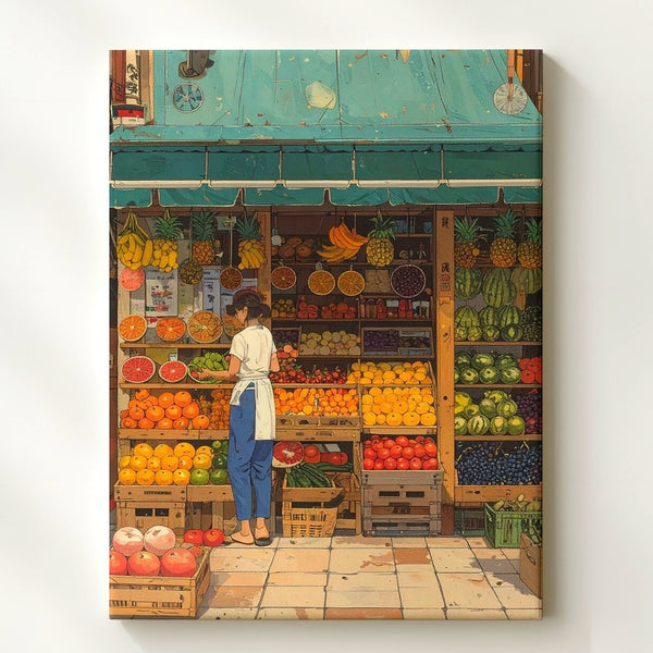 Charming Fruit Shop Canvas – Vintage Market Day Illustration with Cat & Shopkeeper - Gifitto