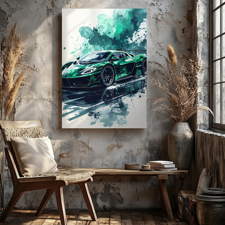 Black & Green Hypercar Ink Splash Canvas – Futuristic Automotive Art Print - Gifitto