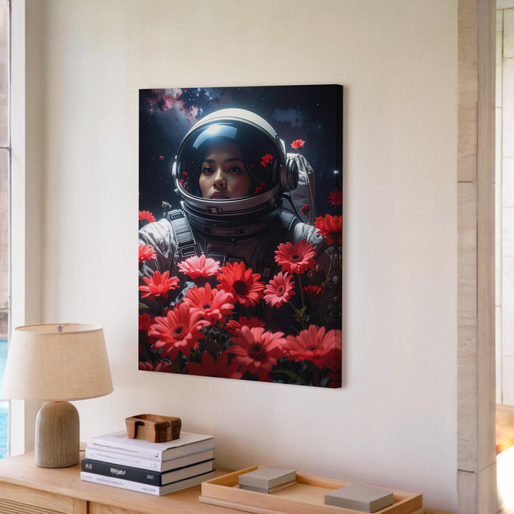 Cosmic Blooms Astronaut Canvas – Surreal Space & Floral Art - Gifitto