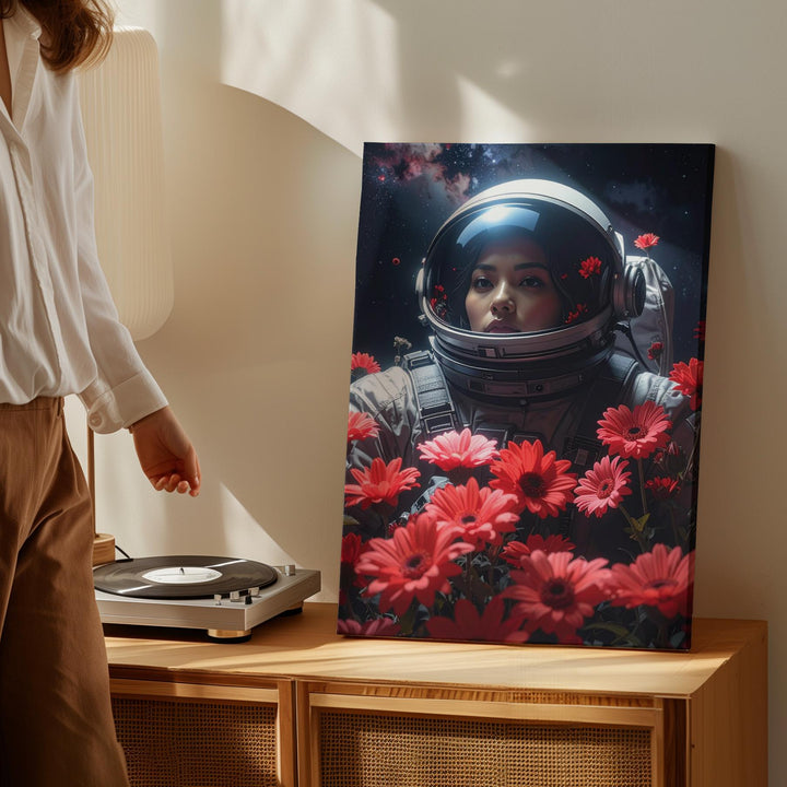 Cosmic Blooms Astronaut Canvas – Surreal Space & Floral Art - Gifitto