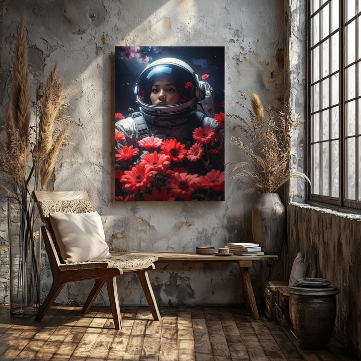 Cosmic Blooms Astronaut Canvas – Surreal Space & Floral Art - Gifitto