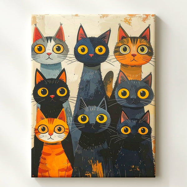 Curious Cat Assembly Canvas – Whimsical Group Feline Wall Art - Gifitto