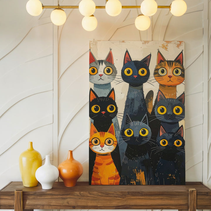 Curious Cat Assembly Canvas – Whimsical Group Feline Wall Art - Gifitto