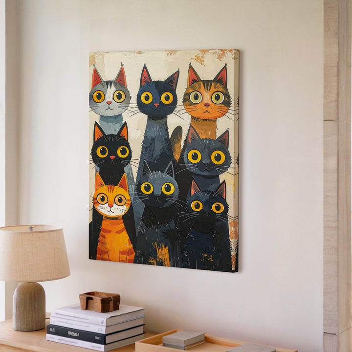 Curious Cat Assembly Canvas – Whimsical Group Feline Wall Art - Gifitto