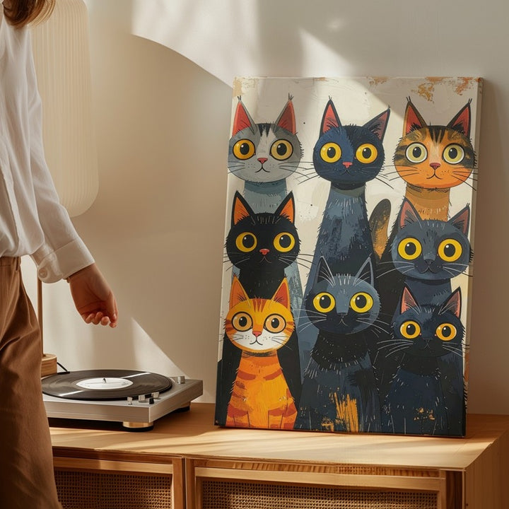Curious Cat Assembly Canvas – Whimsical Group Feline Wall Art - Gifitto