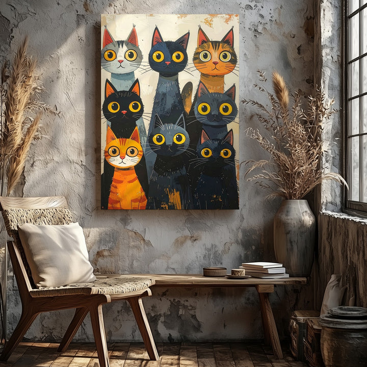 Curious Cat Assembly Canvas – Whimsical Group Feline Wall Art - Gifitto