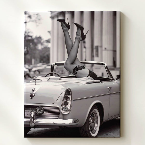Vintage Convertible & Heels Canvas – Black & White Glamour Wall Art - Gifitto