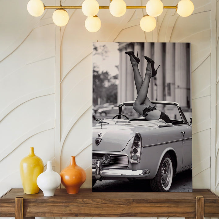 Vintage Convertible & Heels Canvas – Black & White Glamour Wall Art - Gifitto