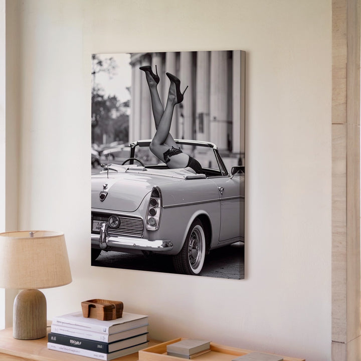 Vintage Convertible & Heels Canvas – Black & White Glamour Wall Art - Gifitto