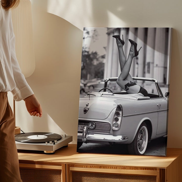 Vintage Convertible & Heels Canvas – Black & White Glamour Wall Art - Gifitto