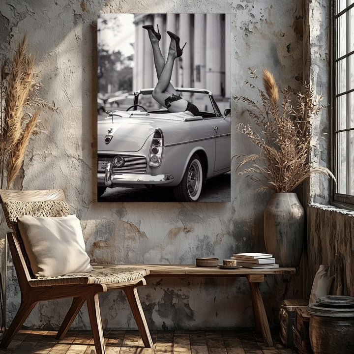 Vintage Convertible & Heels Canvas – Black & White Glamour Wall Art - Gifitto