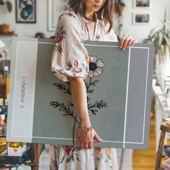 Vintage Floral Line Drawing Canvas – Elegant Botanical Sage Green Art - Gifitto