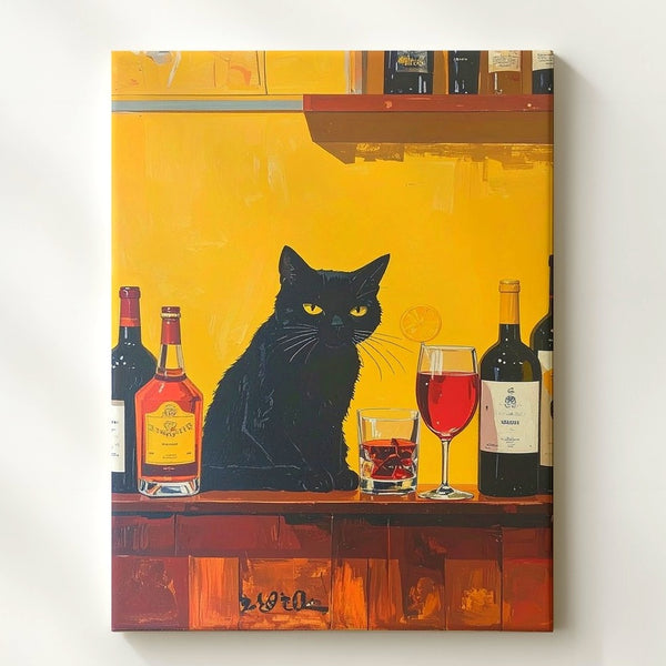 Bar Cat Canvas – Minimalist Black Cat with Wine & Whiskey Wall Art - Gifitto