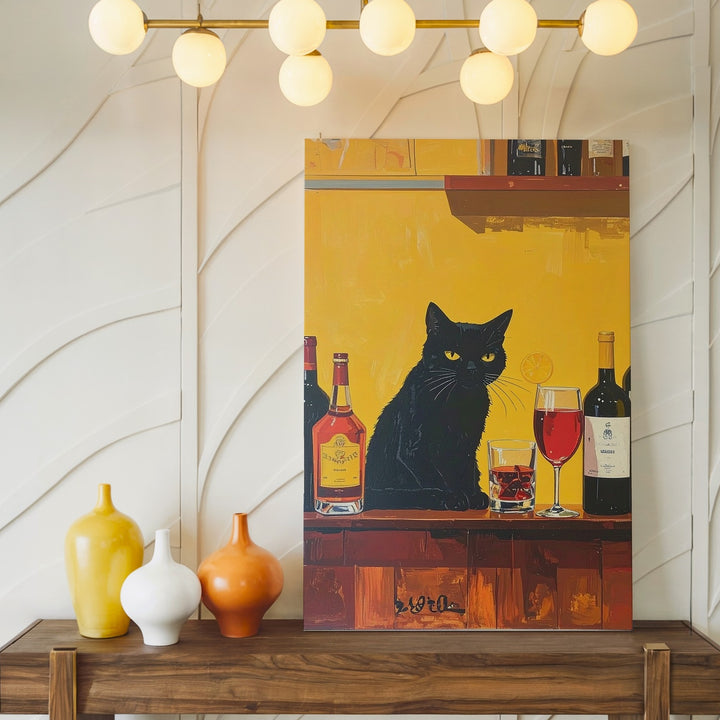 Bar Cat Canvas – Minimalist Black Cat with Wine & Whiskey Wall Art - Gifitto